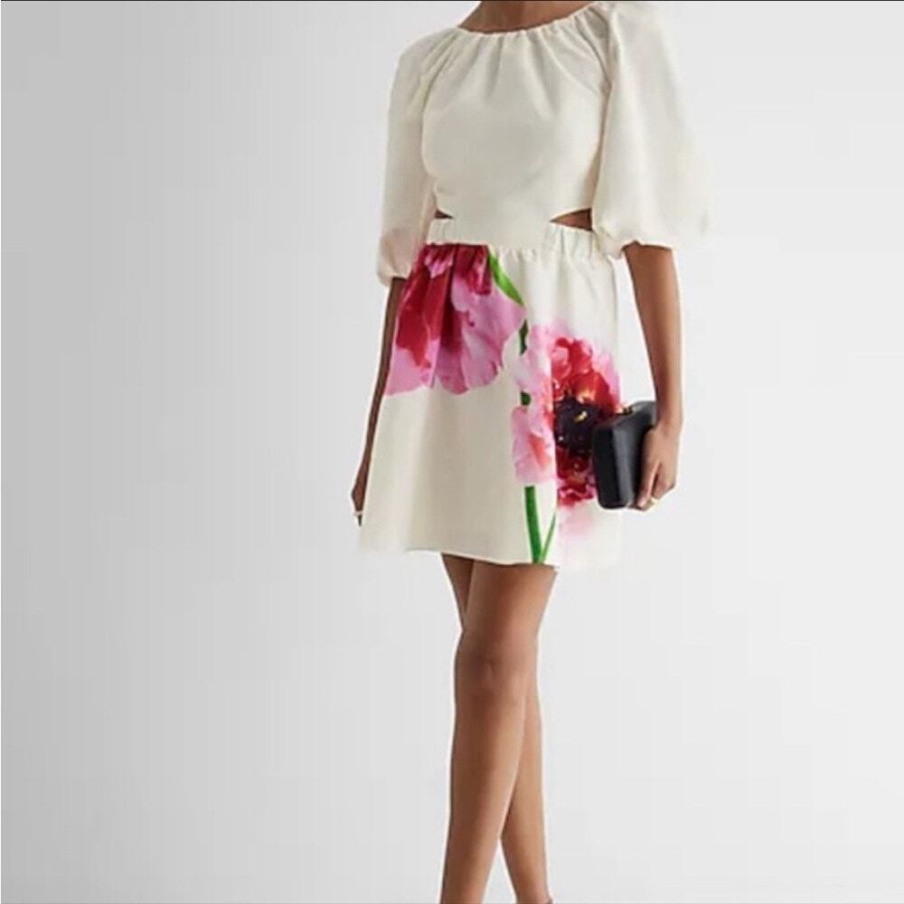 Express Cream and Pink Floral Flower Cutout Dress Size L